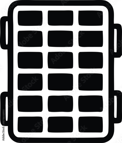 Stylized black and white illustration of a portable grill or barbecue with a grid pattern and side handles perfect for outdoor cooking themes