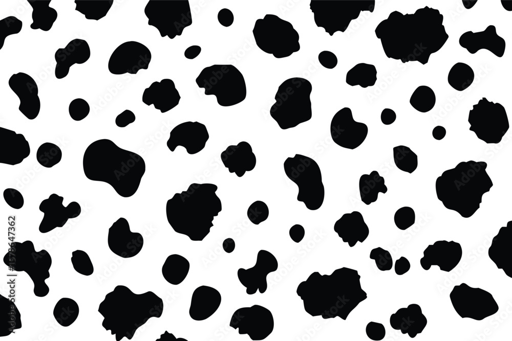 Fototapeta premium Realistic Cowhide Seamless Vector Pattern. Abstract Dalmatian Spot Texture. Black and White Engraved Animal Print