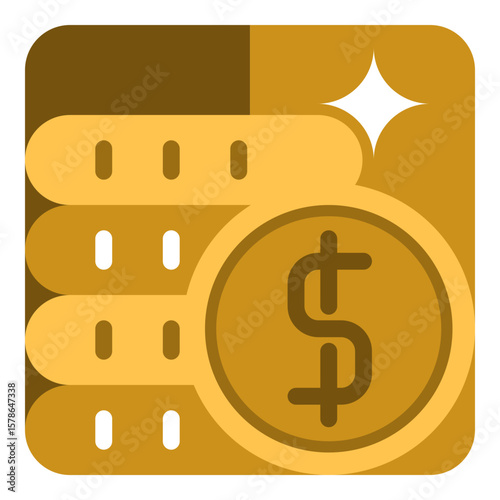 Coin Flat design style, stacked golden coins with dollar symbol, representing wealth or currency, perfect for financial dashboards, UI elements, or fintech illustrations.