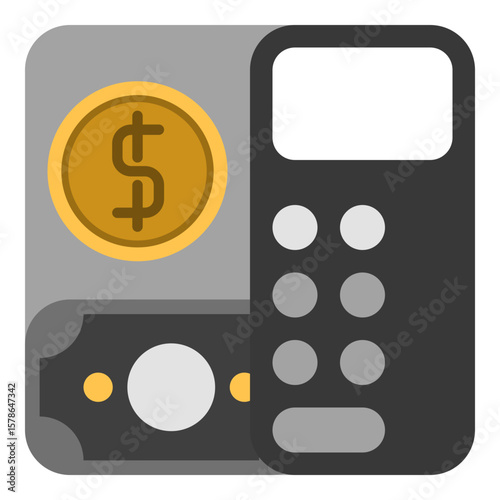 Calculator Flat design style, financial calculator with coin, perfect for budgeting, accounting apps, or financial planning UI illustrations.