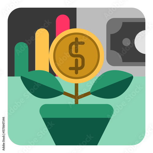 Investment Flat design style, growing money plant with graph and coin, representing profit growth or capital investment, ideal for fintech dashboards.