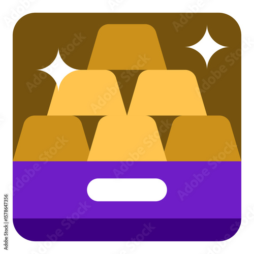 Gold Flat design style, shiny gold bars stacked in a tray, indicating asset value or investment, suitable for banking, trading, or wealth management visuals.