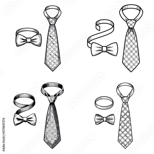 Four Necktie Designs with Matching Bow Ties Illustrated in Black and White Hand Drawn Style Showing Geometric and Circular Patterns on Ties and Simple Bow Tie Knots