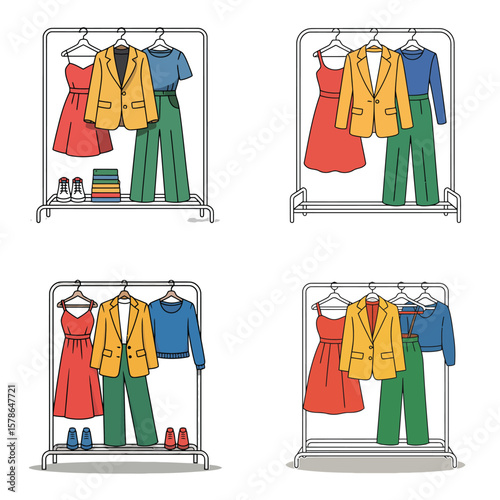 Four illustrations of clothing racks displaying stylish outfits each featuring a red dress a yellow blazer green pants a blue top and shoes