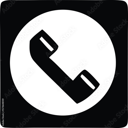 A simple black and white graphic icon featuring a telephone handset inside a white circle on a black background
