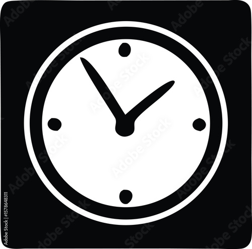Simple black and white icon of a clock face with bold hands indicating a specific time against a stark black background