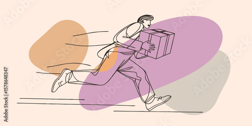 Delivery man running with a package on abstract colorful background  