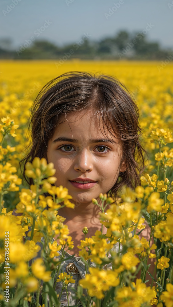 Realistic Child in Rapeseed Field Yellow Flowers Landscape Nature Portrait Realistic Child in Rapeseed Field Yellow Flowers Landscape Nature Portrait
