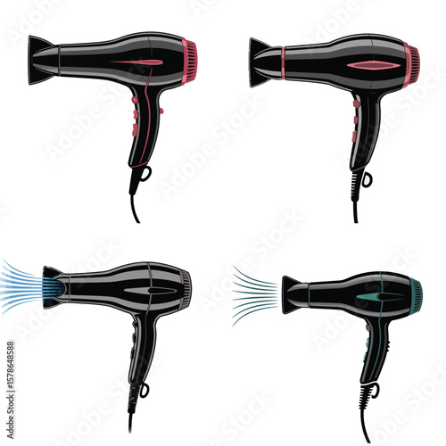 Four Black Hair Dryers with Red and Teal Accents Shown from Different Angles One with Blue Airflow and One with Teal Airflow Illustrative Product Shots for Hair Styling Tools