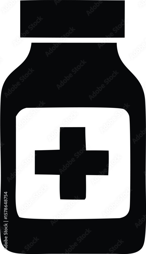 Fototapeta premium Simple black silhouette of a medicine bottle with a white label featuring a prominent red cross symbol for healthcare and wellness
