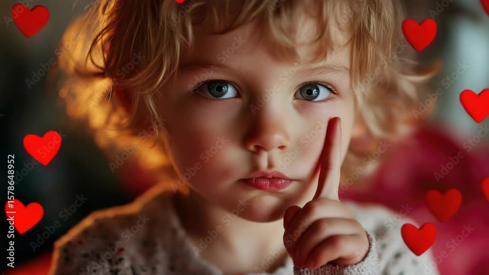 Charming young child playfully making peace sign. Adorable candid moment with red hearts overlay for a touch of whimsy.