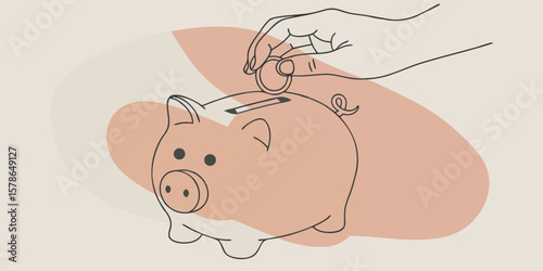 Hand dropping coin into pink piggy bank on abstract background  