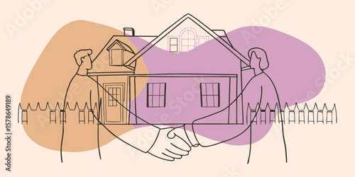 Abstract illustration of two people shaking hands in front of house  