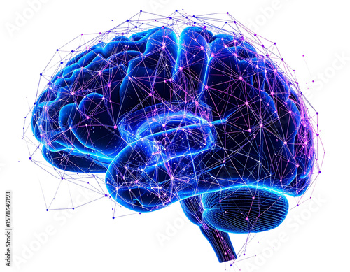 Digital Neural Brain Structure Made of Glowing Fiber Lines and Light Dots, Top View, Transparent Background”.