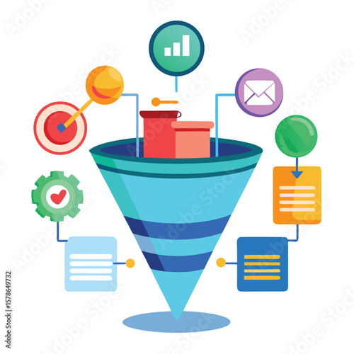Creative marketing funnel illustrated with data driven concepts and business strategies for achieving targets.