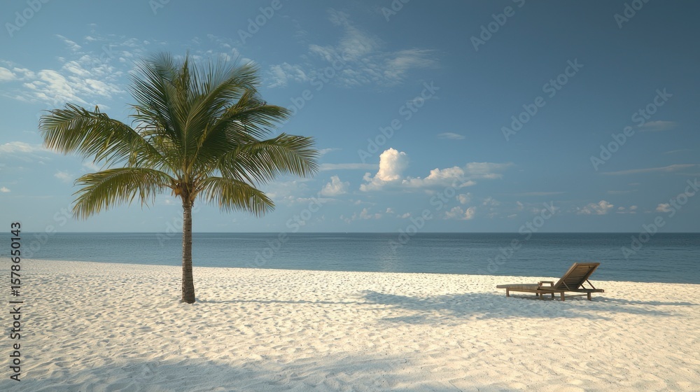 Naklejka premium Serene Beach Scene with Palm Tree and Lounge Chair Under a Clear Blue Sky for Freelancers Seeking Inspiration and Relaxation
