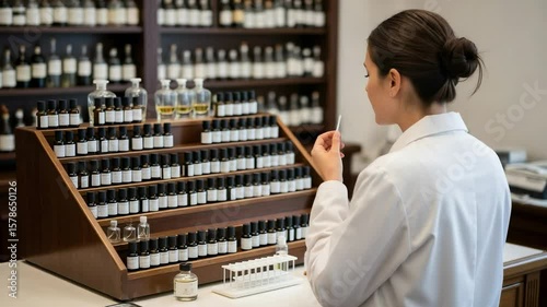 Female perfumer in a lab coat smelling a fragrance on a paper test strip. Professional chemist creating new scents in an artisanal perfumery.