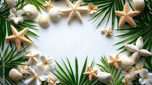 Tropical Vacation Flat Lay with Seashells, Starfish, and Palm Leaves on a Clean White Background for Relaxation and Escape