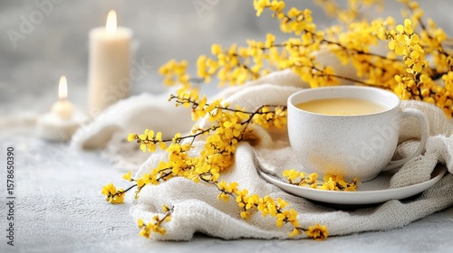Cozy Warm Drink with Yellow Flowers and Candle in Soft Natural Light for Freelancers in a Bright Space