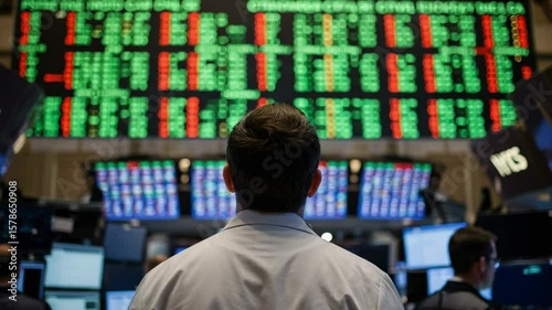 Male trader watching a large screen with stock market data on the trading floor. Financial broker analyzing investment information.
