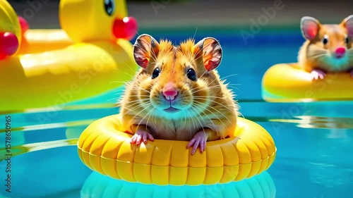 Cute golden hamster floating on a yellow inflatable ring in a bright blue swimming pool, surrounded by colorful rubber ducks, showcasing a playful summer vibe and joyful atmosphere