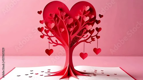 Heart-shaped tree made of red paper with hanging hearts, displayed on an open book against a soft pink background, symbolizing love and creativity in a whimsical design