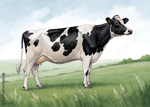 Adorable Black and White Cow Illustration on Green Hill