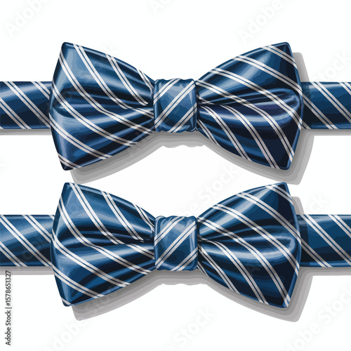 Two Blue and White Striped Bow Ties and Ties Side by Side Vector Illustration Detailed Rendering of Fabric Texture Shiny Appearance Elegant Style Formal Wear Accessories Men's