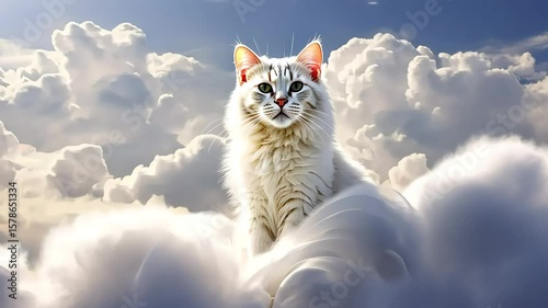 Majestic white cat sitting atop fluffy clouds, illuminated by soft sunlight, creating a serene and dreamlike atmosphere in a beautiful sky landscape