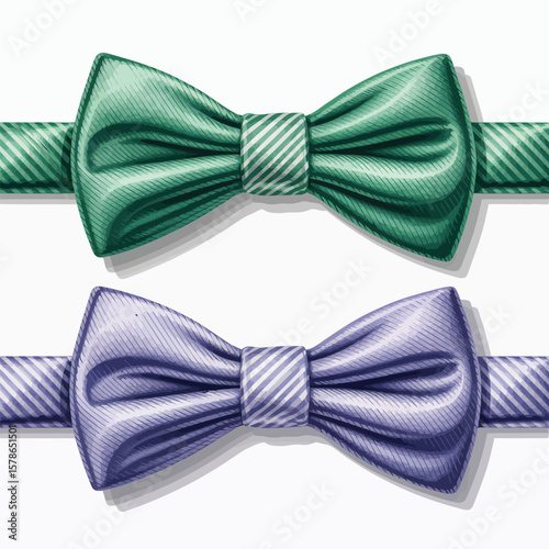 Two Silk Bow Ties Side by Side Detailed Vector Illustration Seafoam Green and Periwinkle Blue with White Striped Center Bands