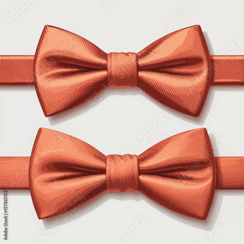 Two Burnt Orange Bow Ties Side by Side Vector Illustration Detailed Ribbed Texture Fabric Elegant Formal Wear Mens Fashion Accessories Design Element