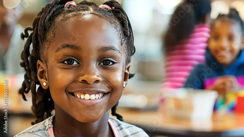 Young afro american girl with braided hair smiles brightly in a vibrant cafeteria filled with children, showcasing joy and friendship in a lively social environment