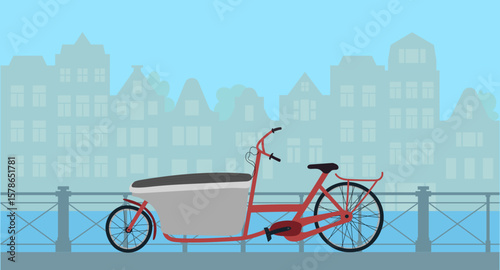 A cargo bicycle standing near a fence at canal bank in Amsterdam or European city. Vector illustration