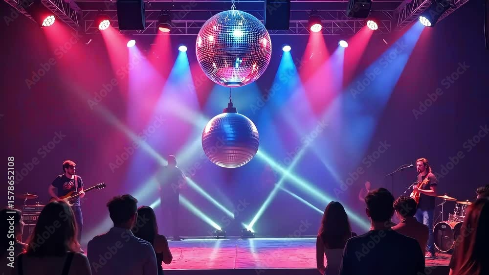Live music performance with vibrant lighting effects, featuring musicians on stage, illuminated disco balls, and an engaged audience enjoying the energetic atmosphere of the concert experience