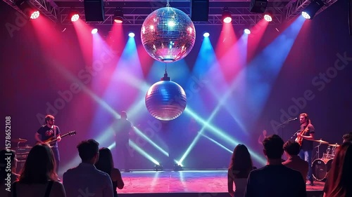 Live music performance with vibrant lighting effects, featuring musicians on stage, illuminated disco balls, and an engaged audience enjoying the energetic atmosphere of the concert experience