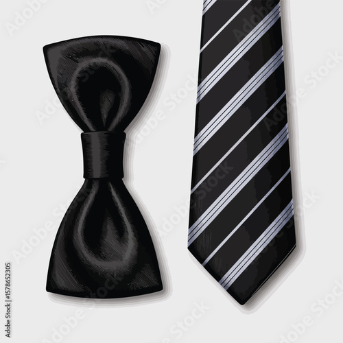 Black Bow Tie and Black and Silver Striped Necktie Placed Side by Side on White Background Classic Formal Menswear Accessories Fashion Apparel Image