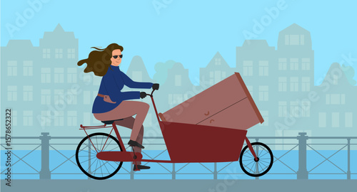 A woman riding a cargo bicycle with heavy luggage in city along a fence at canal bank in Amsterdam or European city. Vector illustration