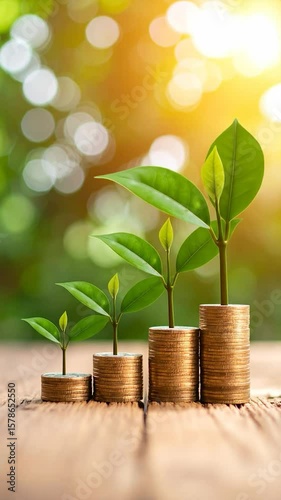 Financial growth concept sprouts rising from coin stacks