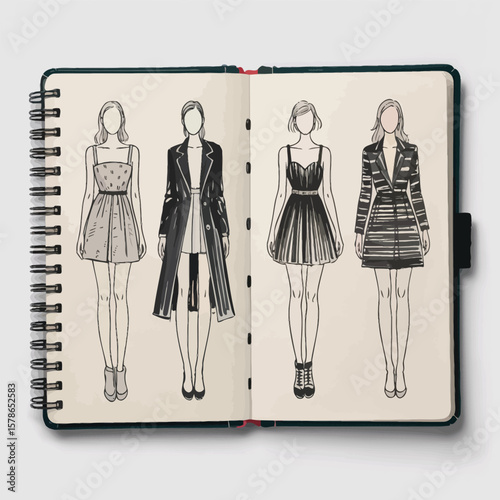 Open sketchbook displaying four fashion design sketches featuring women wearing different dresses and coats black and beige tones ink drawings on cream paper