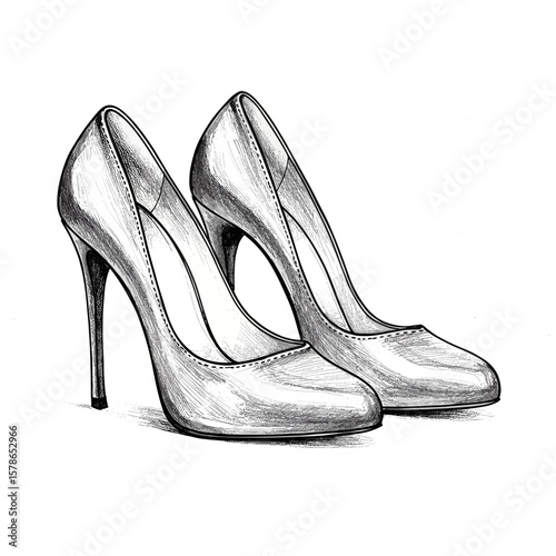 Women’s High Heel Peep Toe Shoes with Strap - hand drawn vintage ink sketch doodle black and white vector illustration