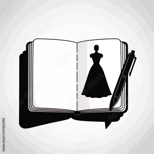 Open black sketchbook with a black silhouette of a woman in a long dress and a black pen resting on the open pages against a light gray background
