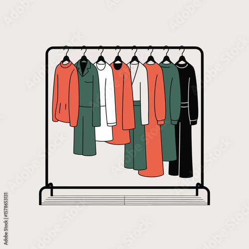Clothing Rack Displaying Eight Diverse Outfits in Coral Red Teal and Black Minimalist Line Art Illustration