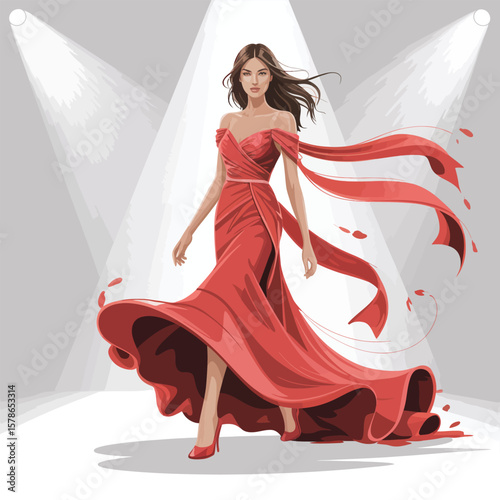 Runway Model in Coral Red Gown Mid Step Elegant Pose Fashion Illustration Spotlight Background fashion model