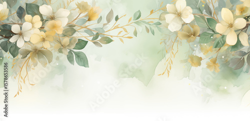 Watercolor painting of flowers and leaves on a green background. Captivating watercolor vector artwork of a collection of colorful flowers and lush foliage in a soft pastel palette. 