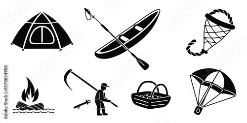 Simple Black and White Icons of Outdoor Recreation Equipment