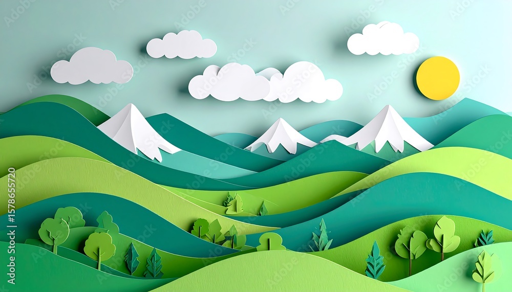Obraz premium Paper-cut landscape with mountains, clouds, and sun