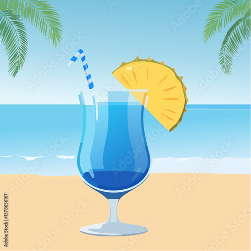 relaxing in blue summer cocktail with pineapple piece on the beach
