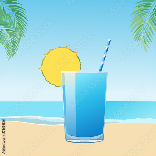 relaxing in blue summer cocktail with pineapple piece on the beach
