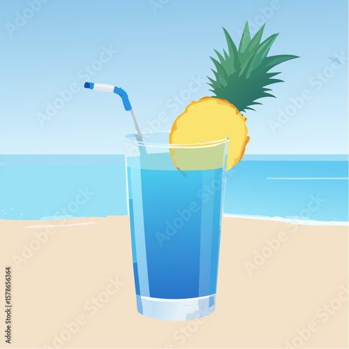 relaxing in blue summer cocktail with pineapple piece on the beach