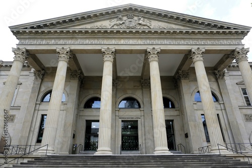 Frontal view of the main entrance of Leineschloss (Leine Palace), seat of the Lower Saxony Parliament in the historic old town of Hannover, Germany